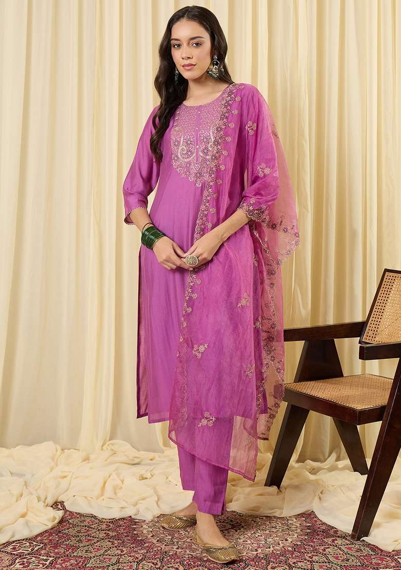 Lavender Embroidered Silk Kurta Set - Indya