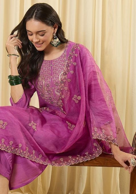 Lavender Embroidered Silk Kurta Set