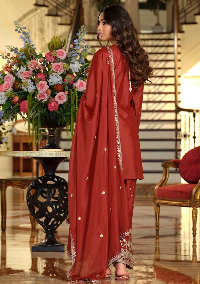Rust Embroidered Silk Kurta Set - Indya