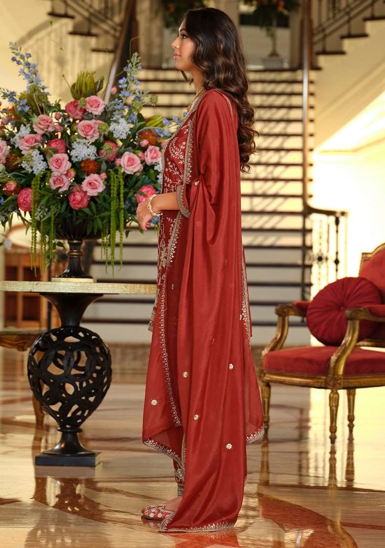 Rust Embroidered Silk Kurta Set - Indya