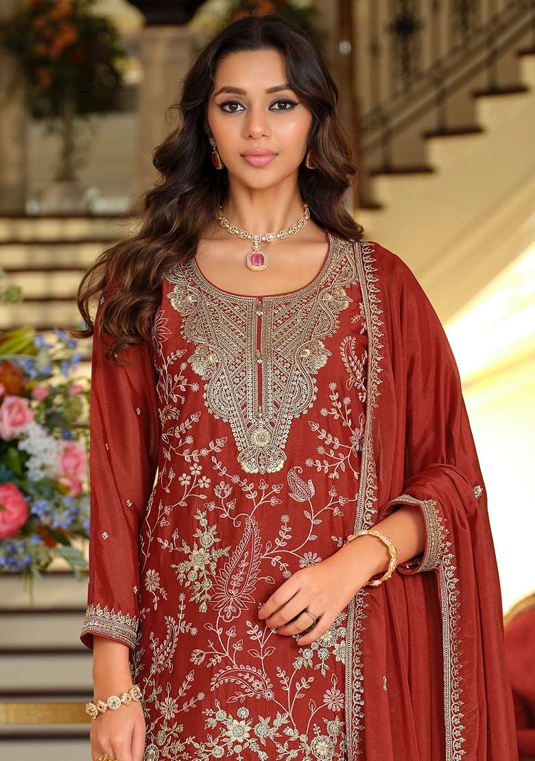 Rust Embroidered Silk Kurta Set - Indya
