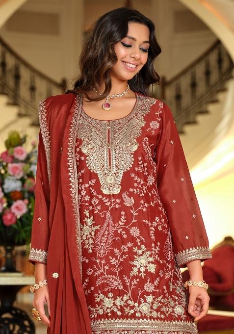 Rust Embroidered Silk Kurta Set