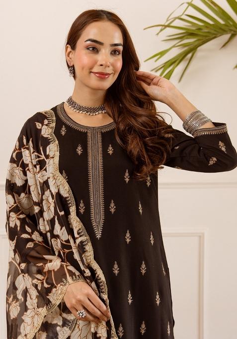 Black Embroidered Viscose Kurta Set