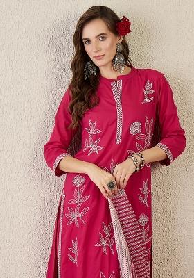 Pink Embroidered Cotton Kurta Set