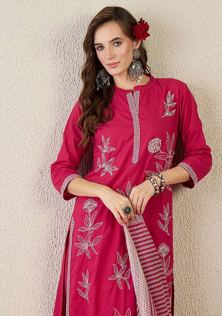 Pink Embroidered Cotton Kurta Set - Indya