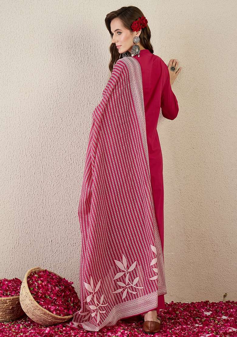 Pink Embroidered Cotton Kurta Set - Indya