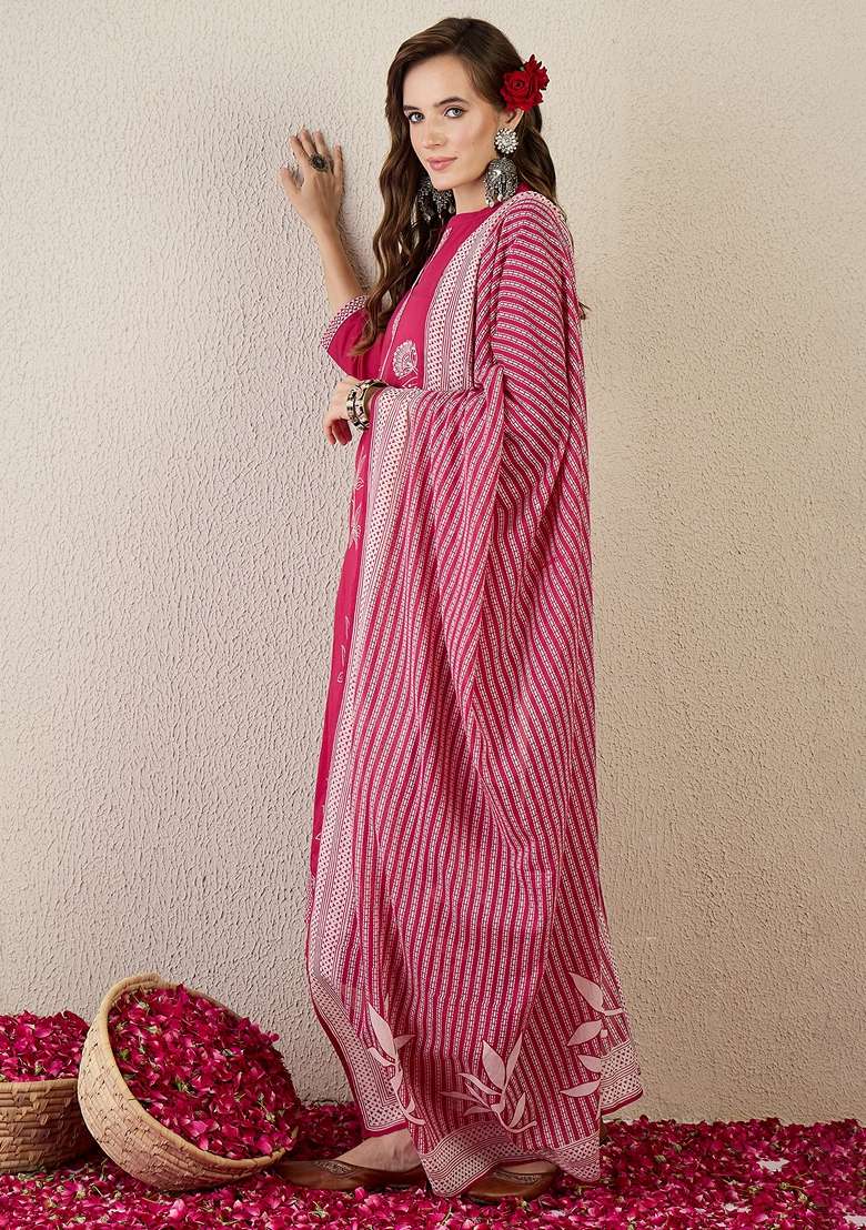 Pink Embroidered Cotton Kurta Set - Indya