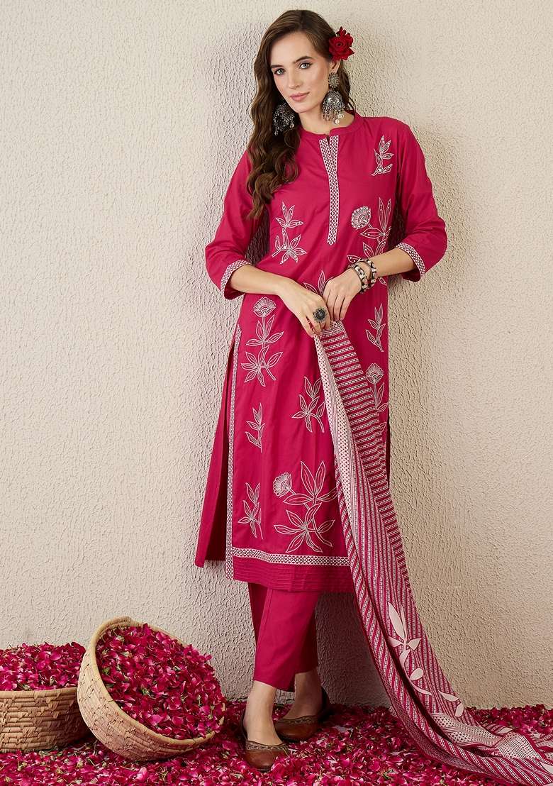 Pink Embroidered Cotton Kurta Set - Indya