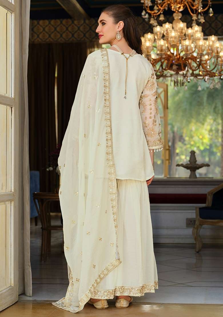 White Embroidered Silk Kurta Set - Indya
