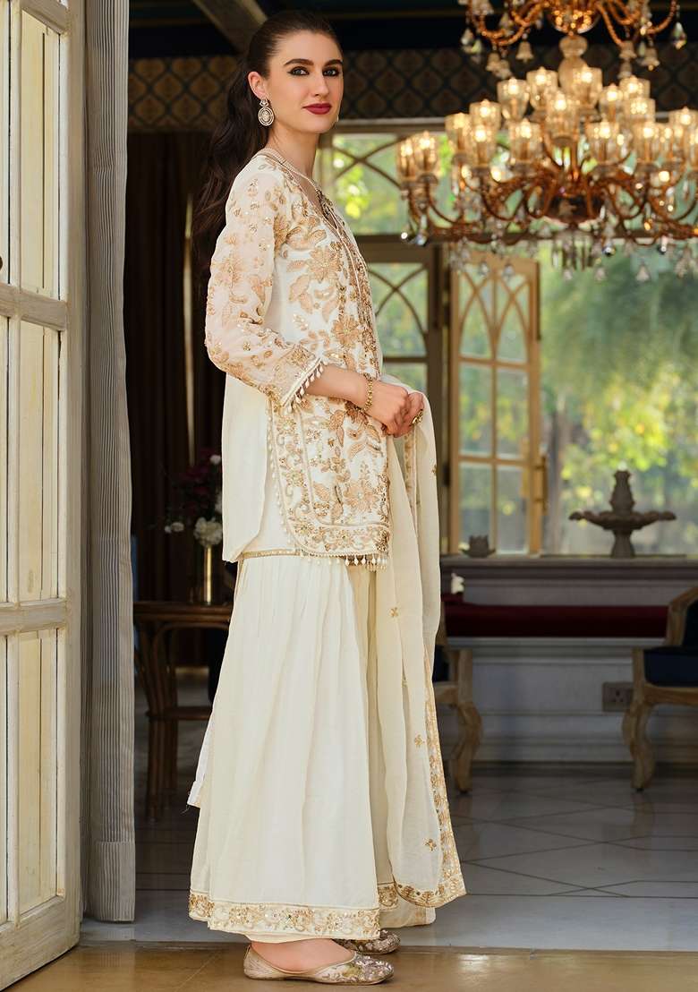 White Embroidered Silk Kurta Set - Indya