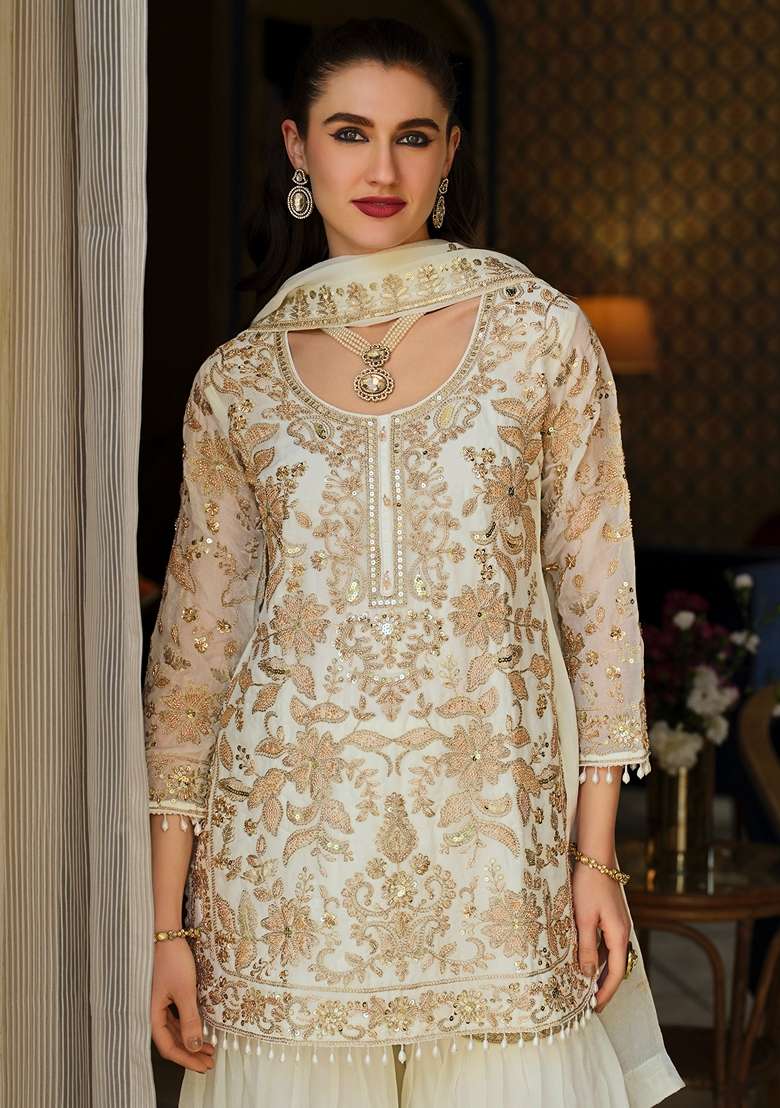 White Embroidered Silk Kurta Set - Indya