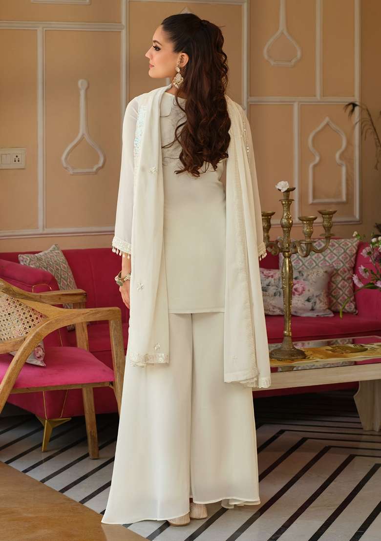 White Embroidered Silk Kurta Set - Indya