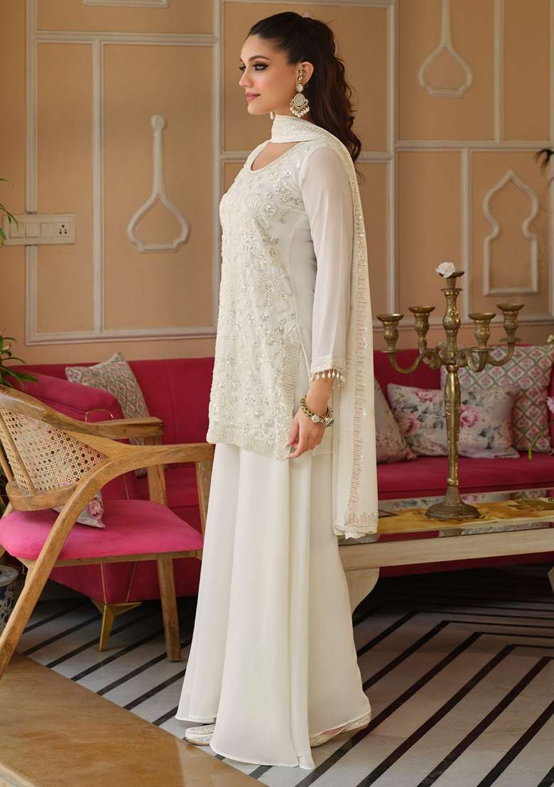 White Embroidered Silk Kurta Set - Indya
