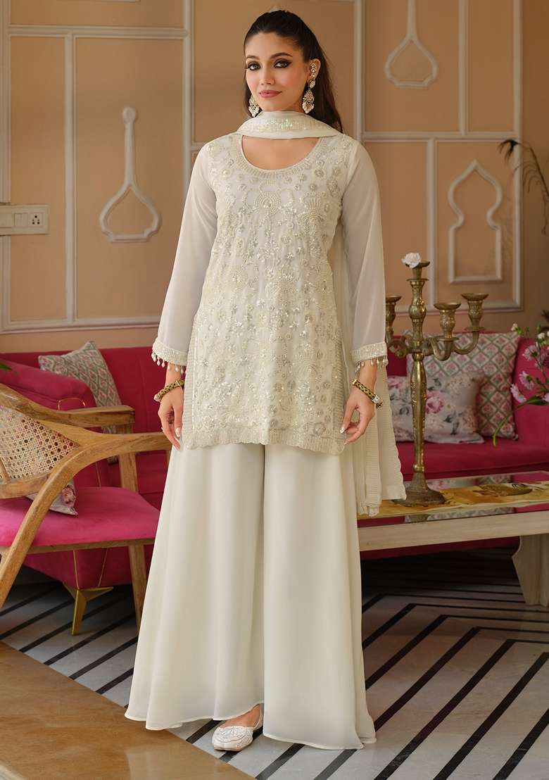 White Embroidered Silk Kurta Set - Indya