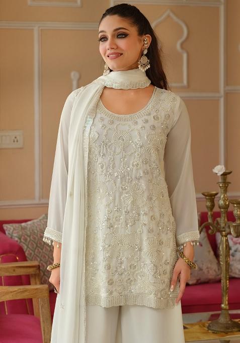 White Embroidered Silk Kurta Set