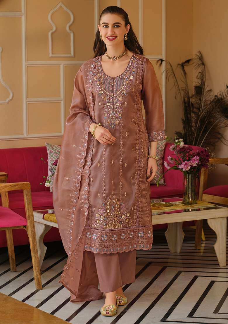 Mauve Embroidered Silk Kurta Set - Indya