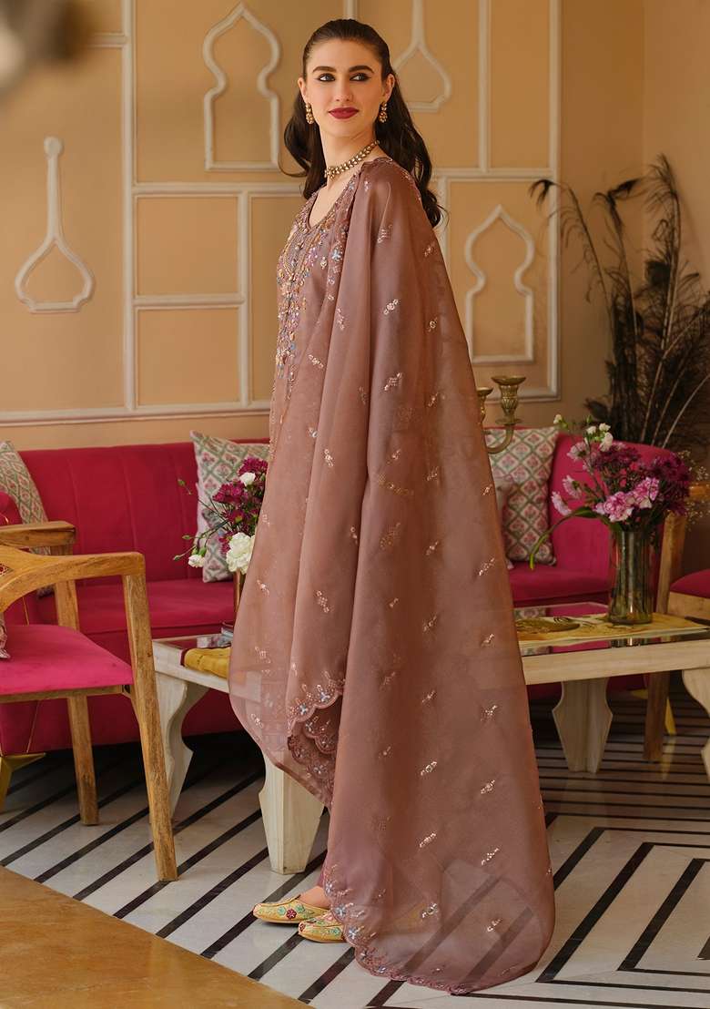 Mauve Embroidered Silk Kurta Set - Indya