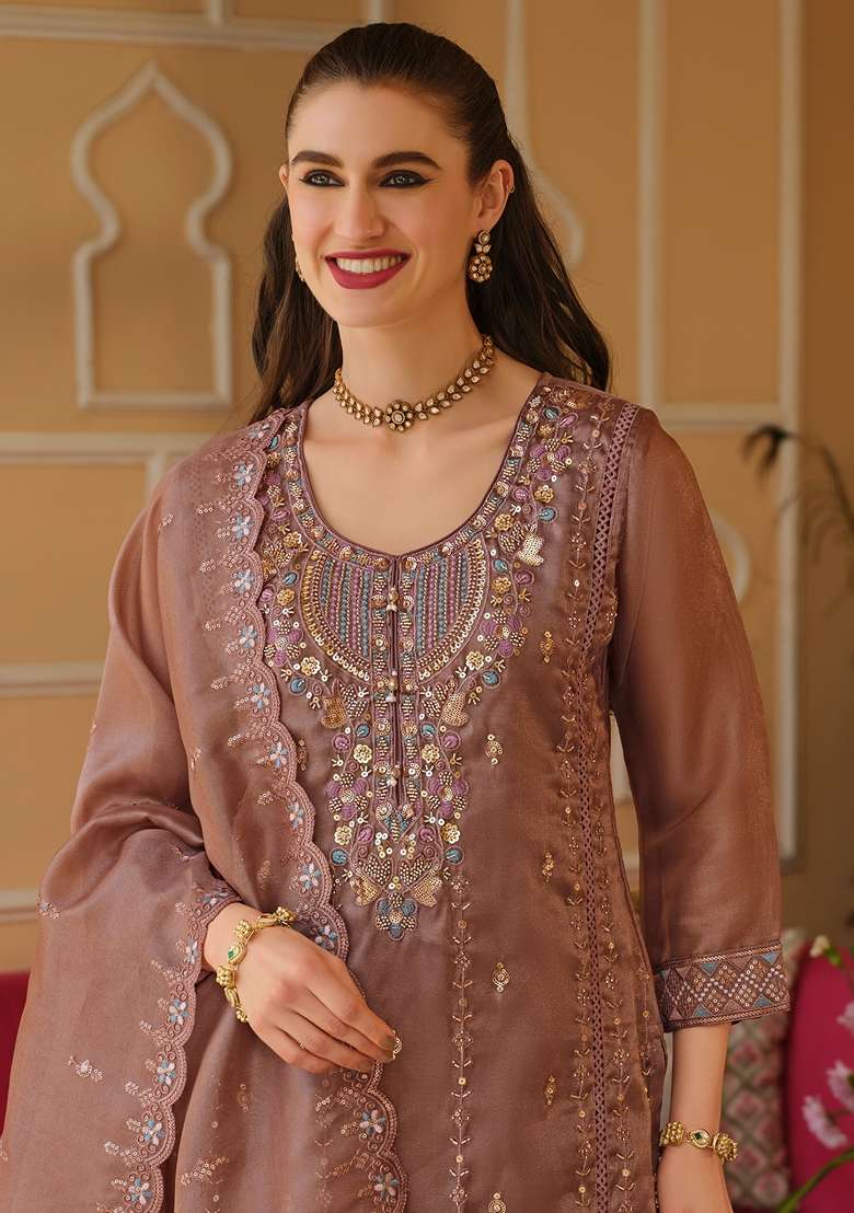 Mauve Embroidered Silk Kurta Set - Indya
