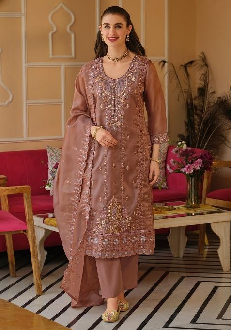 Mauve Embroidered Silk Kurta Set