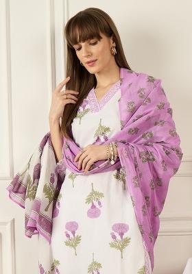 Off White Printed Cotton Kurta Set