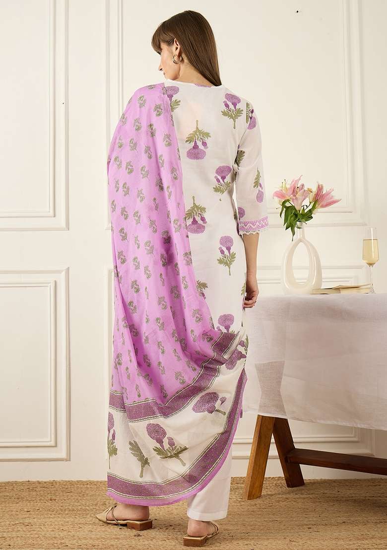 Off White Printed Cotton Kurta Set - Indya