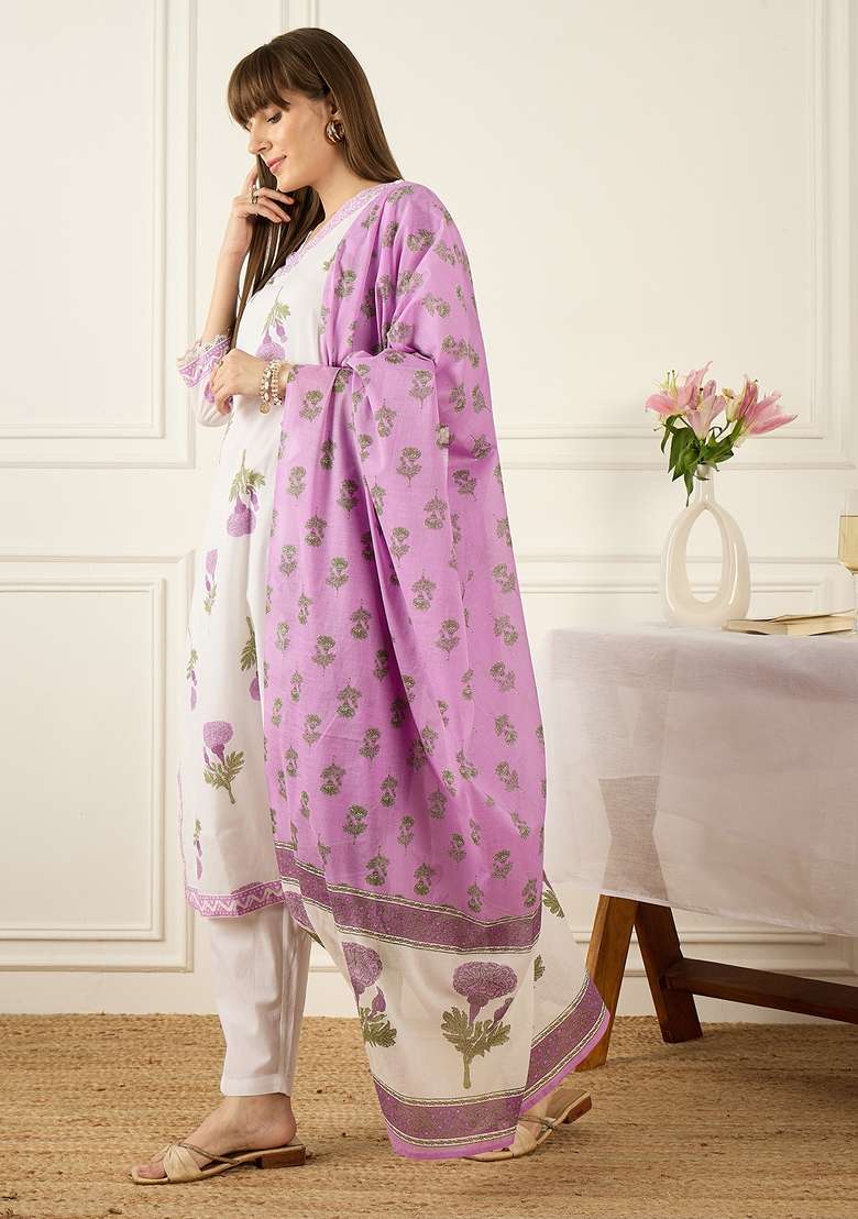 Off White Printed Cotton Kurta Set - Indya