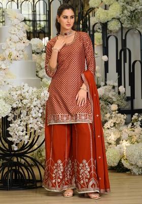 Rust Embroidered Silk Kurta Set