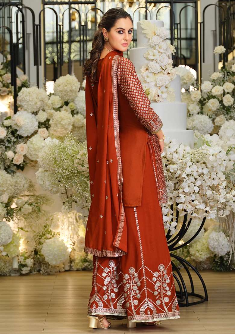 Rust Embroidered Silk Kurta Set - Indya
