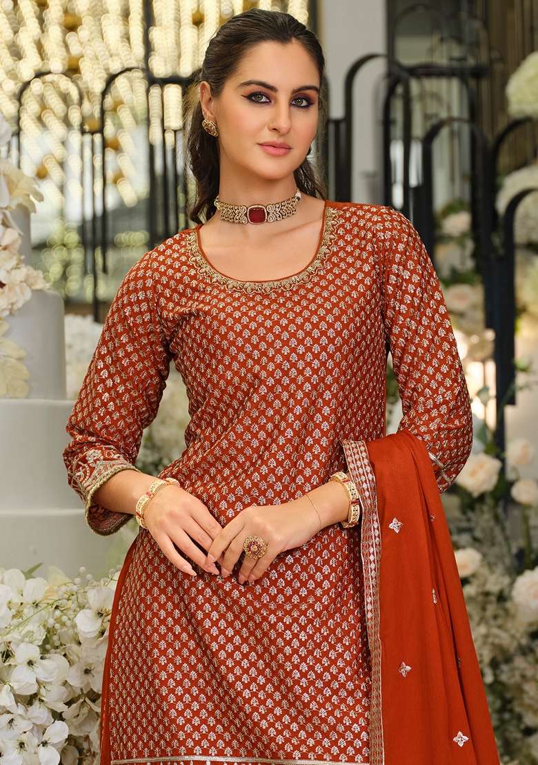 Rust Embroidered Silk Kurta Set - Indya