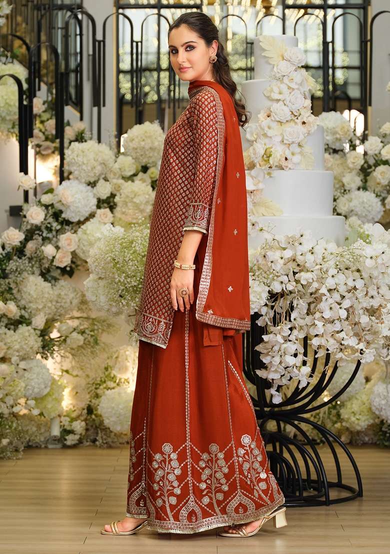 Rust Embroidered Silk Kurta Set - Indya