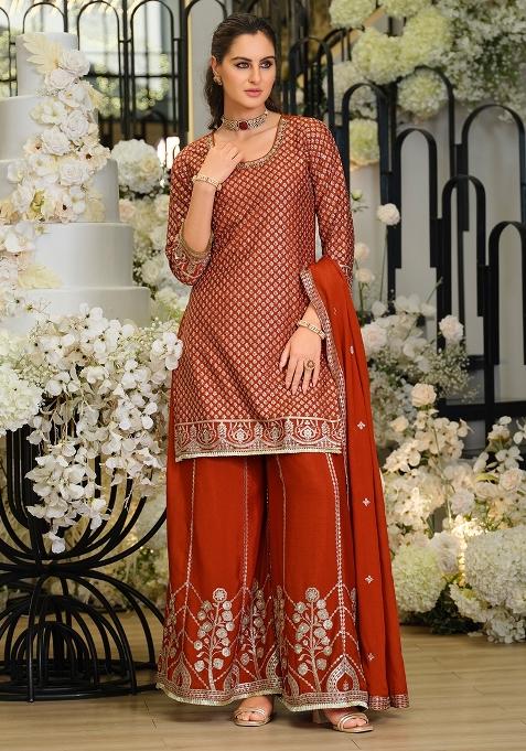Rust Embroidered Silk Kurta Set