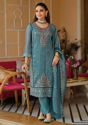 Blue Embroidered Silk Kurta Set