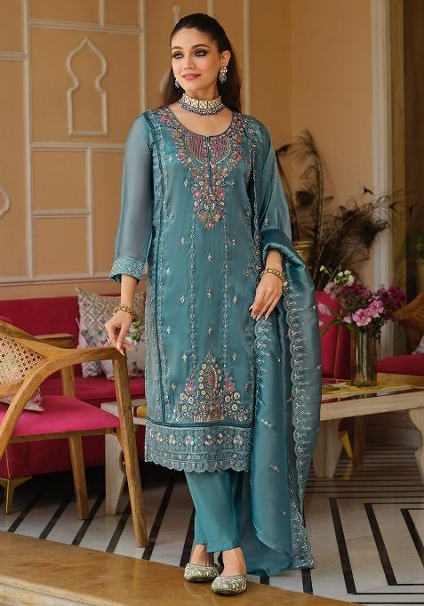 Blue Embroidered Silk Kurta Set