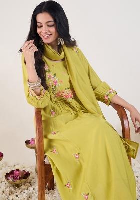 Green Embroidered Silk Kurta Set