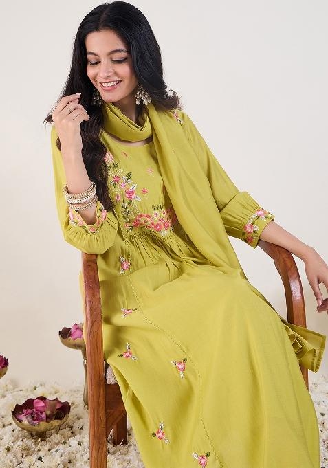 Green Embroidered Silk Kurta Set