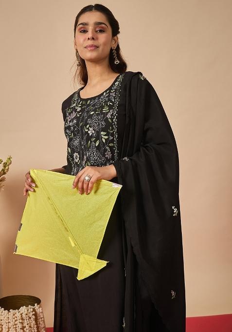 Black Embroidered Silk Kurta Set