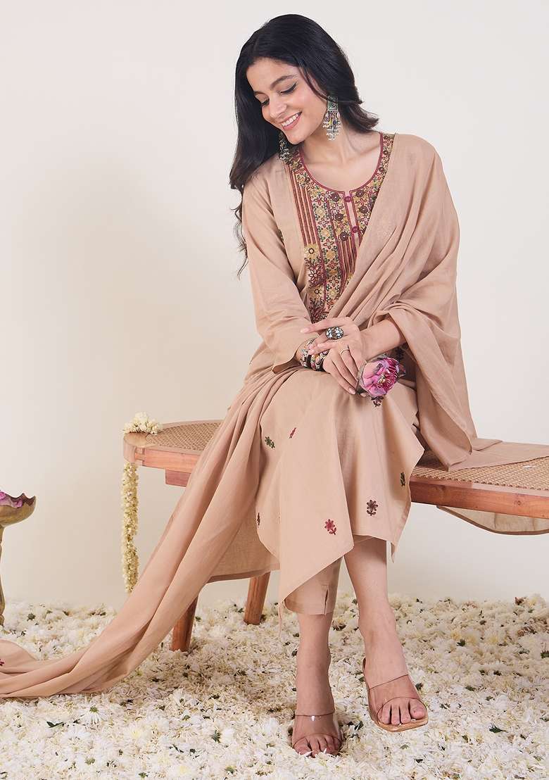 Beige Embroidered Silk Kurta Set - Indya