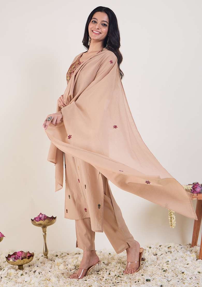 Beige Embroidered Silk Kurta Set - Indya