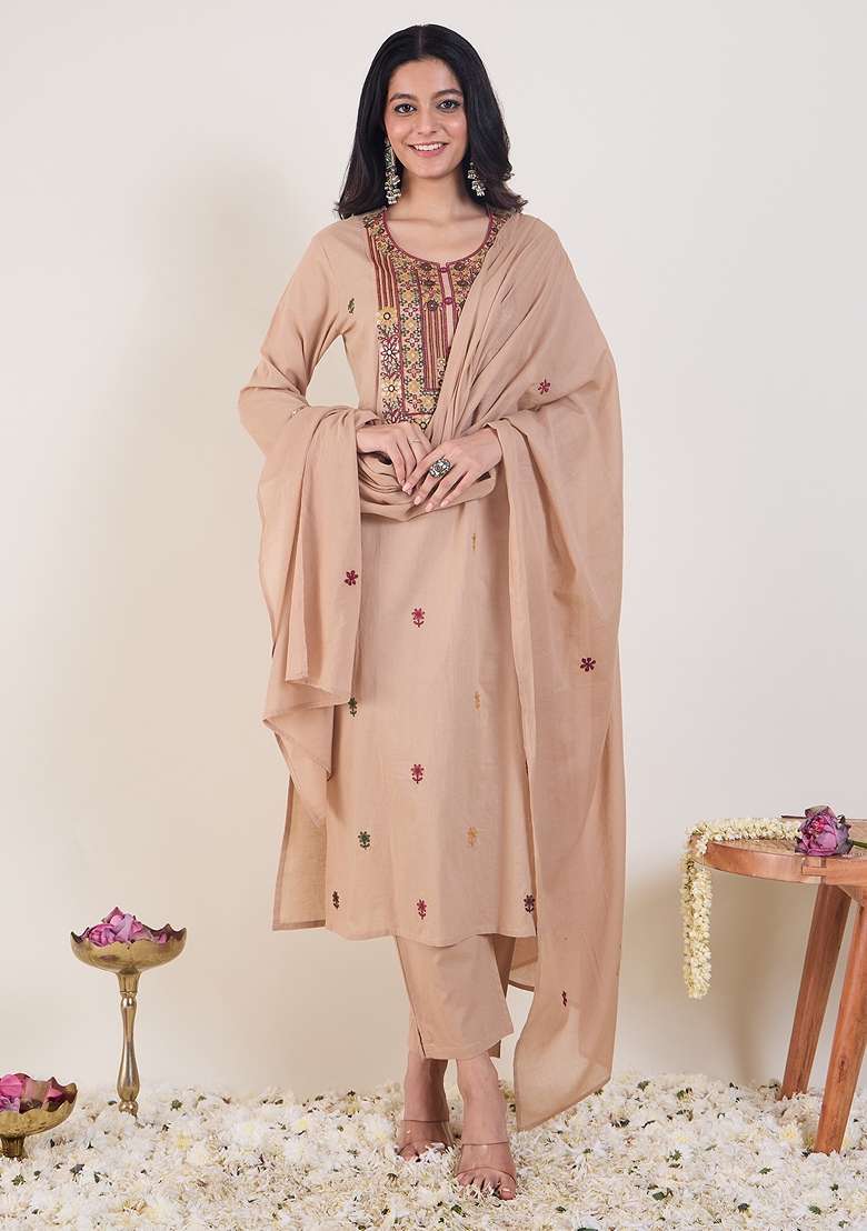 Beige Embroidered Silk Kurta Set - Indya