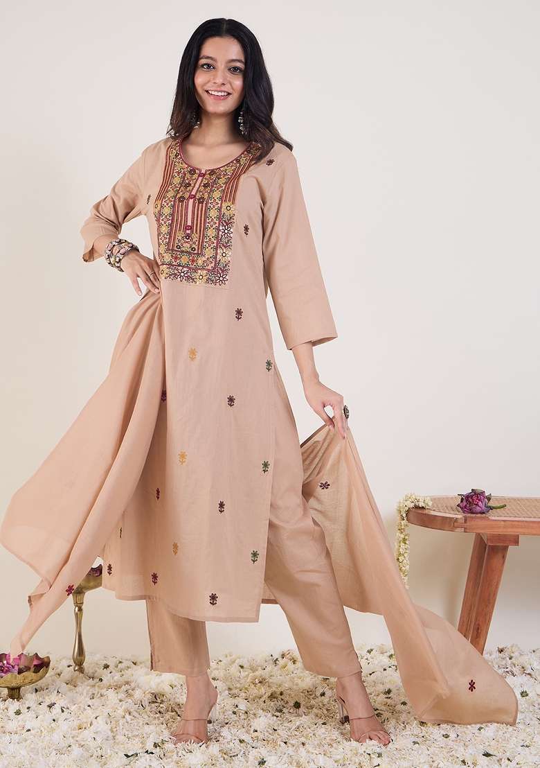 Beige Embroidered Silk Kurta Set - Indya