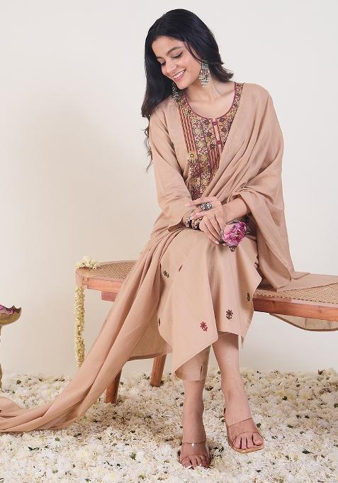 Beige Embroidered Silk Kurta Set