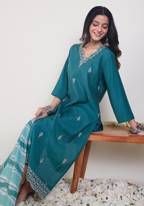 Teal Embroidered Silk Kurta Set