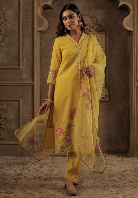 Mustard Embroidered Silk Kurta Set