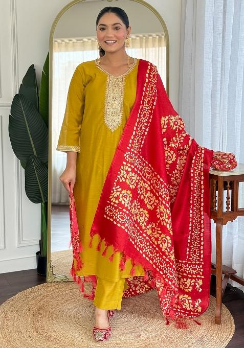 Mustard Embroidered Silk Kurta Set