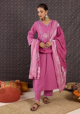 Pink Embroidered Cotton Kurta Set
