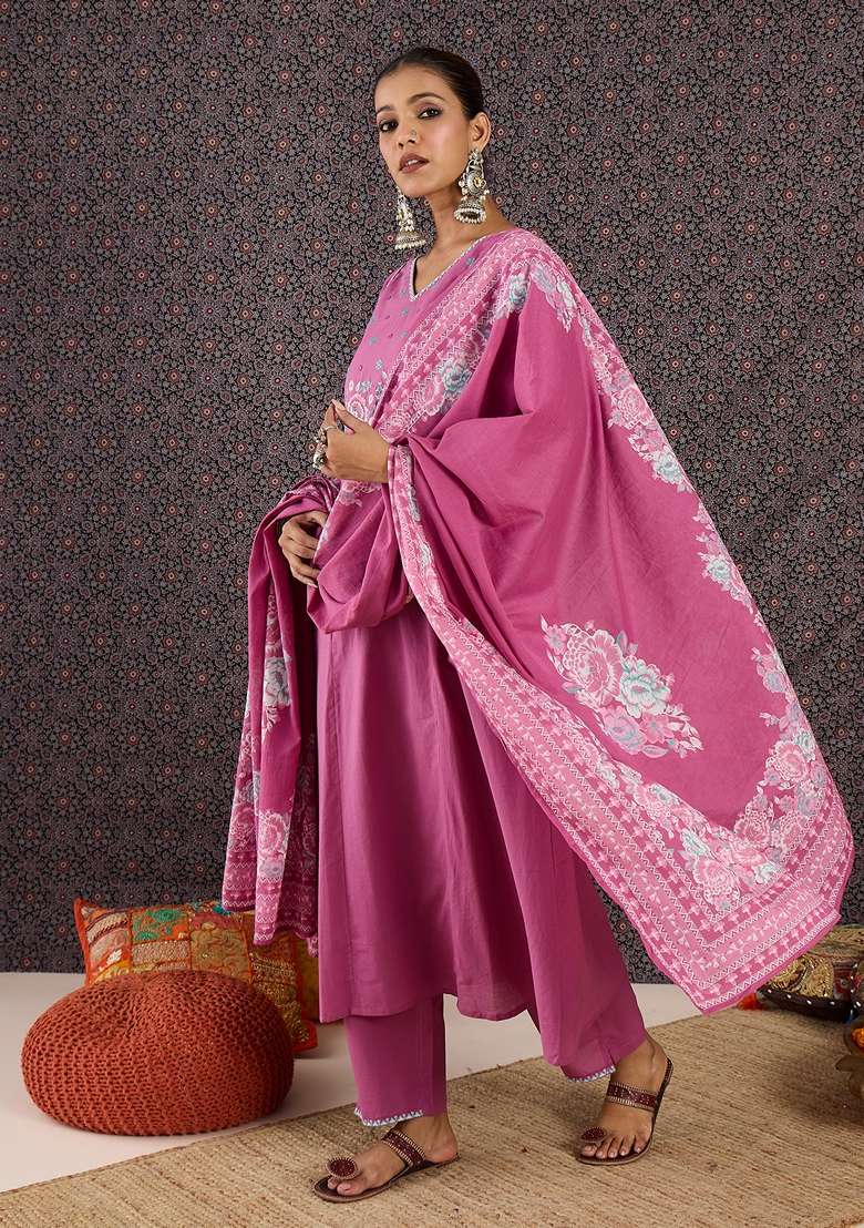 Pink Embroidered Cotton Kurta Set - Indya