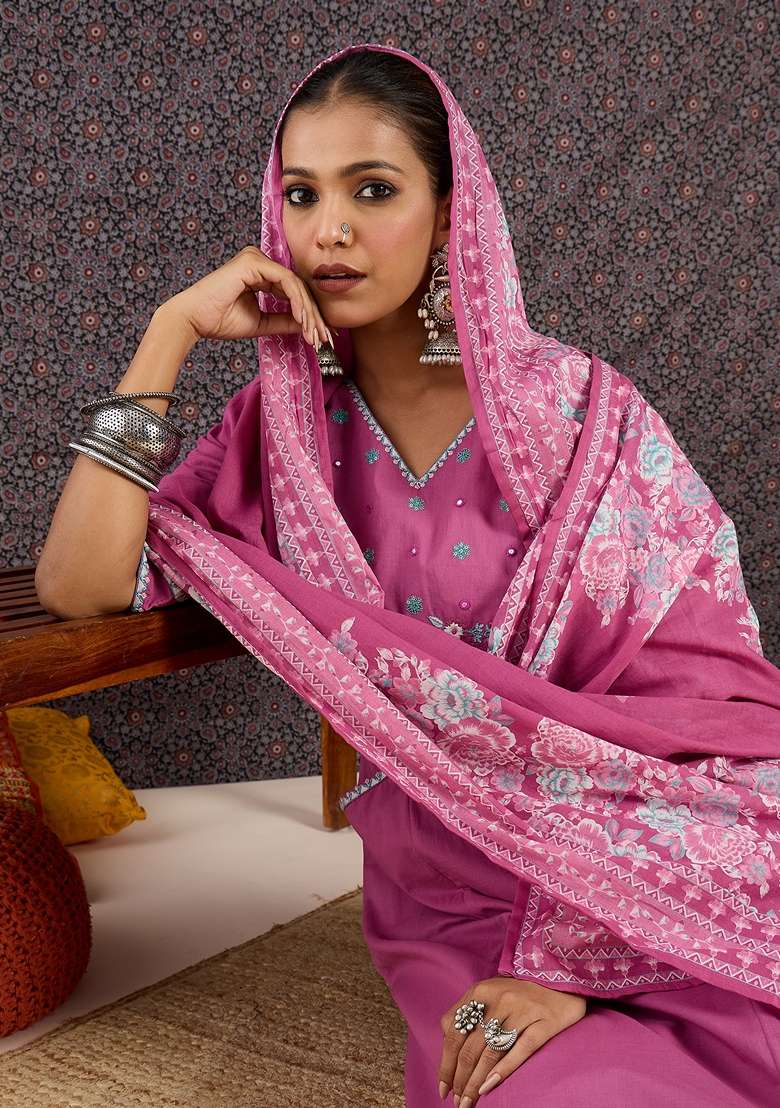 Pink Embroidered Cotton Kurta Set - Indya