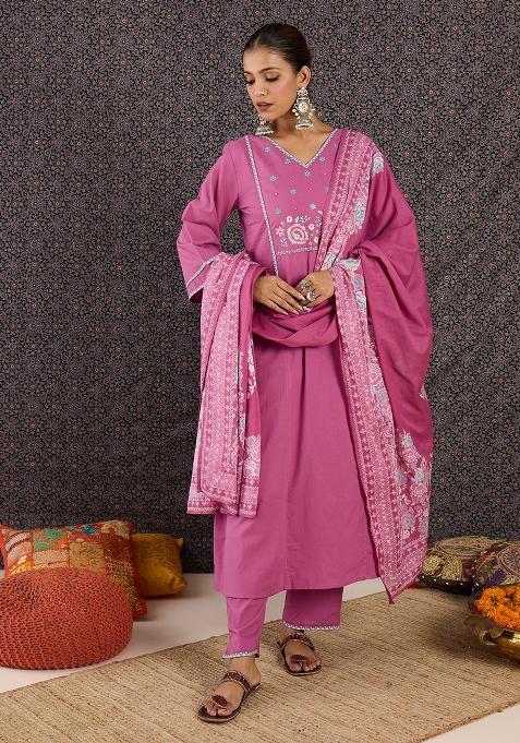 Pink Embroidered Cotton Kurta Set