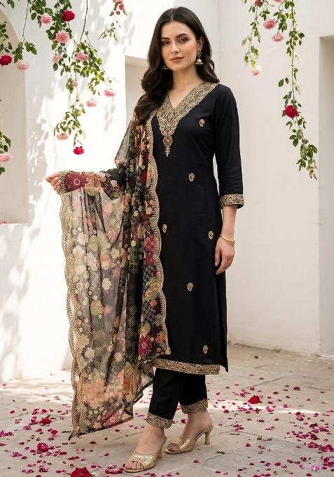 Black Embroidered Viscose Kurta Set