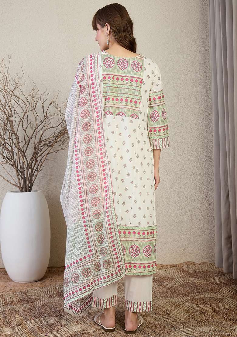 White Printed Cotton Kurta Set - Indya